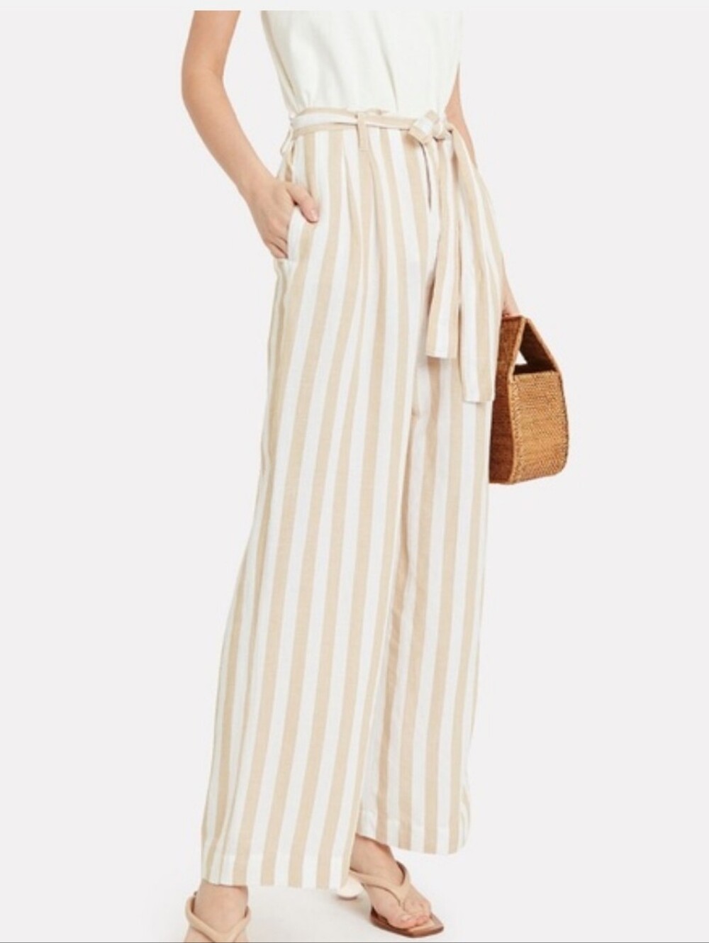 Rails NWT Jess Linen Blend Beige Stripe Wide Leg Tie Waist Pants M